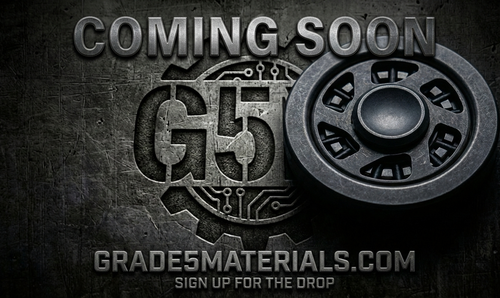 Coming Soon graphic for Grades 5 Materials' Haptic Hubcap, a precision manufactured EDC product.
